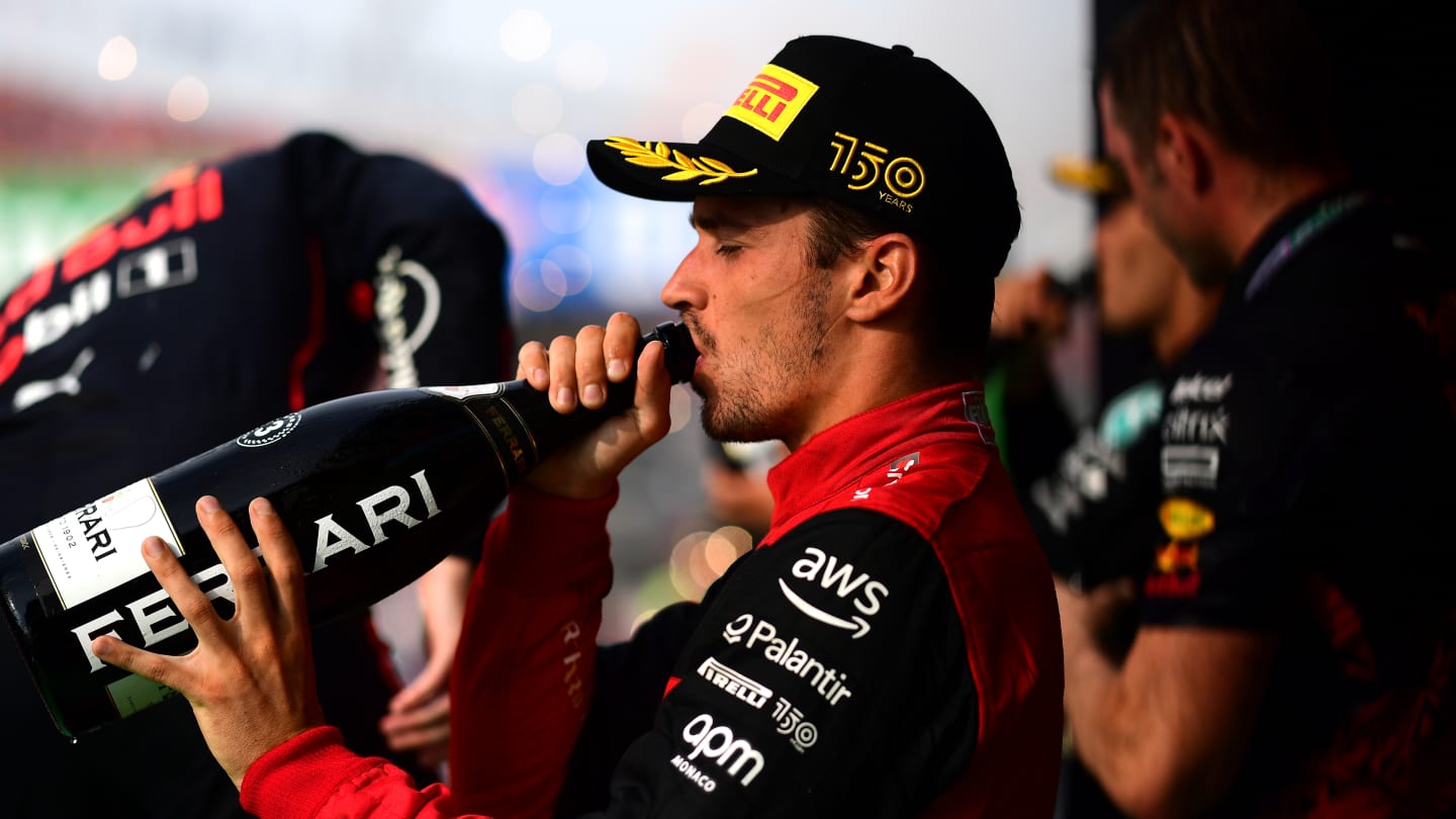 ZANDVOORT, NETHERLANDS - SEPTEMBER 04: Third placed Charles Leclerc of Monaco and Ferrari celebrates on the podium during the F1 Grand Prix of The Netherlands at Circuit Zandvoort on September 04, 2022 in Zandvoort, Netherlands. (Photo by Mario Renzi - Formula 1/Formula 1 via Getty Images)
