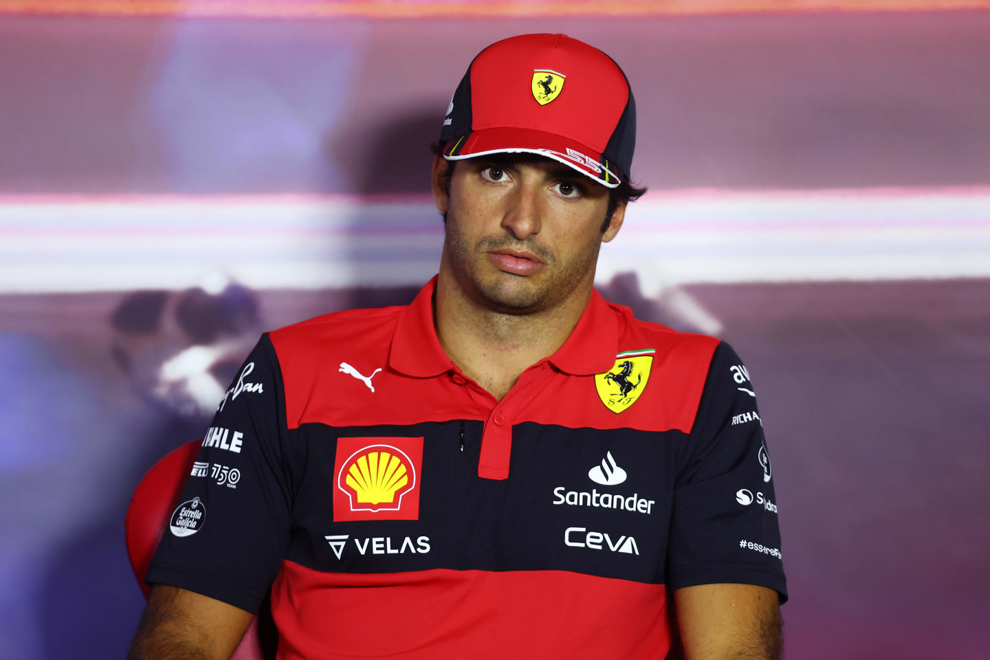 ZANDVOORT, NETHERLANDS - SEPTEMBER 01: Carlos Sainz of Spain and Ferrari attends the Drivers Press Conference during previews ahead of the F1 Grand Prix of The Netherlands at Circuit Zandvoort on September 01, 2022 in Zandvoort, Netherlands. (Photo by Lars Baron/Getty Images)
