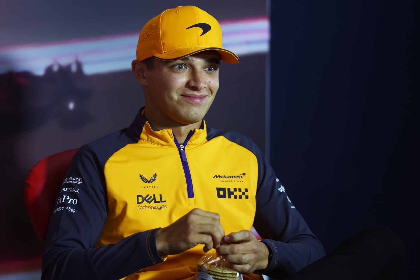 ZANDVOORT, NETHERLANDS - SEPTEMBER 01: Lando Norris of Great Britain and McLaren looks on in the Drivers Press Conference during previews ahead of the F1 Grand Prix of The Netherlands at Circuit Zandvoort on September 01, 2022 in Zandvoort, Netherlands. (Photo by Lars Baron/Getty Images)