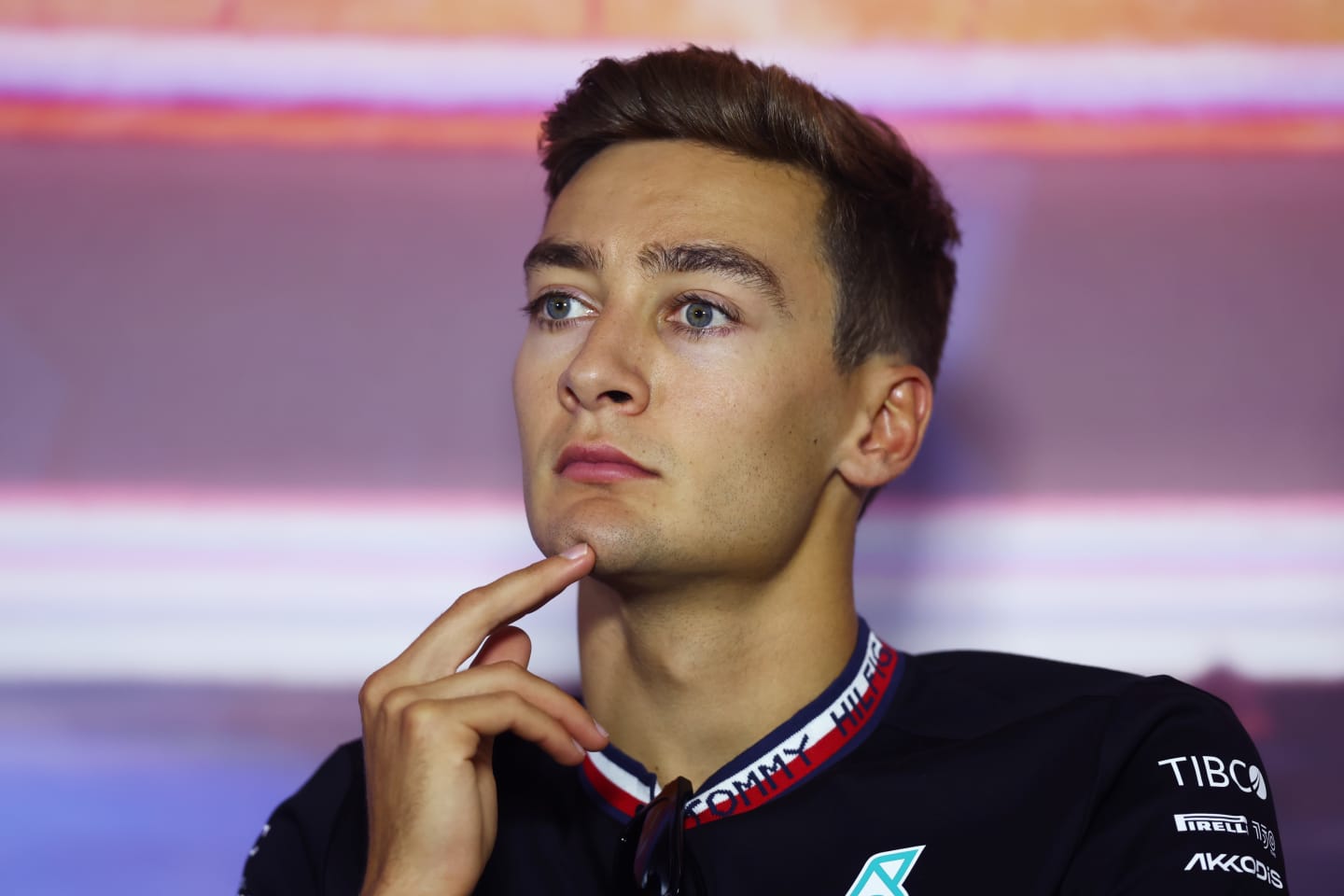 ZANDVOORT, NETHERLANDS - SEPTEMBER 01: George Russell of Great Britain and Mercedes looks on in the Drivers Press Conference during previews ahead of the F1 Grand Prix of The Netherlands at Circuit Zandvoort on September 01, 2022 in Zandvoort, Netherlands. (Photo by Lars Baron/Getty Images)