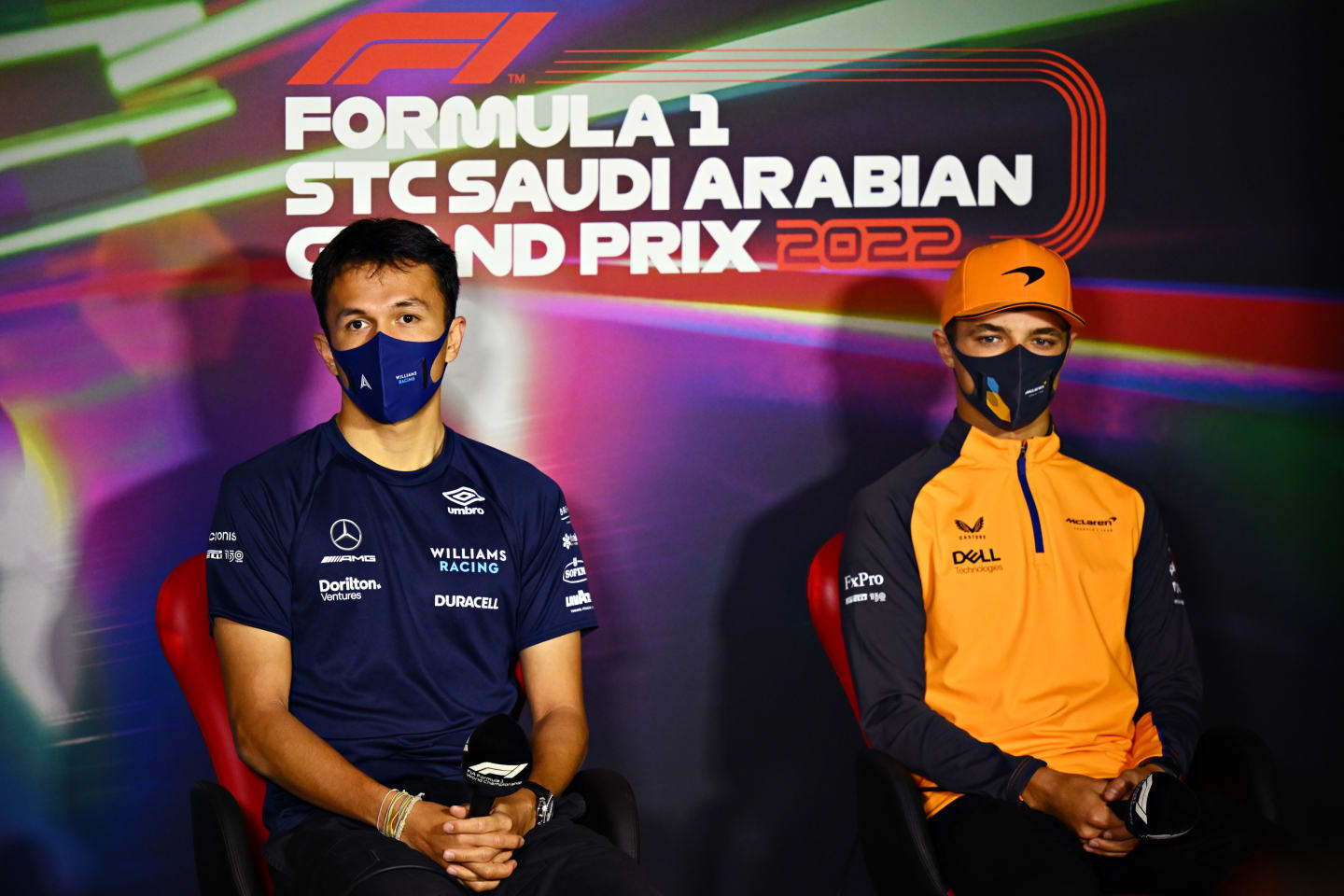 JEDDAH, SAUDI ARABIA - MARCH 25: Alexander Albon of Thailand and Williams and Lando Norris of Great Britain and McLaren attend the Drivers Press Conference before practice ahead of the F1 Grand Prix of Saudi Arabia at the Jeddah Corniche Circuit on March 25, 2022 in Jeddah, Saudi Arabia. (Photo by Clive Mason/Getty Images)