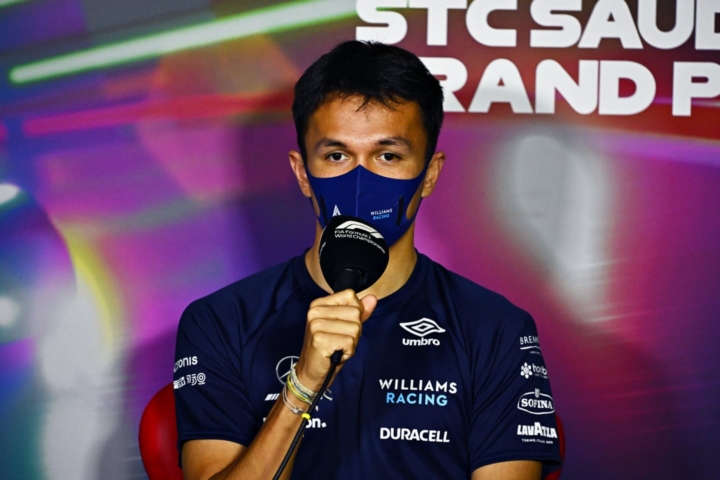 JEDDAH, SAUDI ARABIA - MARCH 25: Alexander Albon of Thailand and Williams talks in the Drivers Press Conference before practice ahead of the F1 Grand Prix of Saudi Arabia at the Jeddah Corniche Circuit on March 25, 2022 in Jeddah, Saudi Arabia. (Photo by Clive Mason/Getty Images)