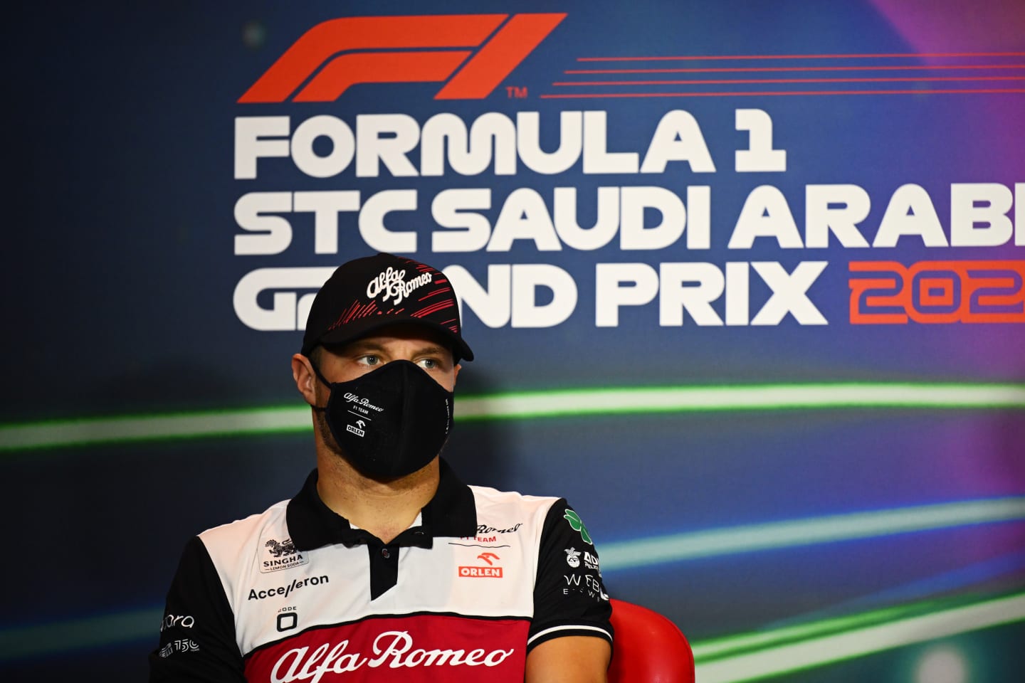 JEDDAH, SAUDI ARABIA - MARCH 25: Valtteri Bottas of Finland and Alfa Romeo F1 looks on in the Drivers Press Conference before practice ahead of the F1 Grand Prix of Saudi Arabia at the Jeddah Corniche Circuit on March 25, 2022 in Jeddah, Saudi Arabia. (Photo by Clive Mason/Getty Images)