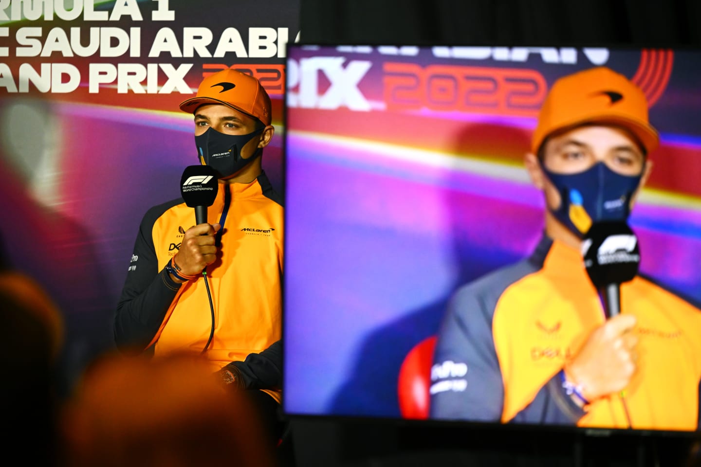 JEDDAH, SAUDI ARABIA - MARCH 25: Lando Norris of Great Britain and McLaren talks in the Drivers Press Conference before practice ahead of the F1 Grand Prix of Saudi Arabia at the Jeddah Corniche Circuit on March 25, 2022 in Jeddah, Saudi Arabia. (Photo by Clive Mason/Getty Images)
