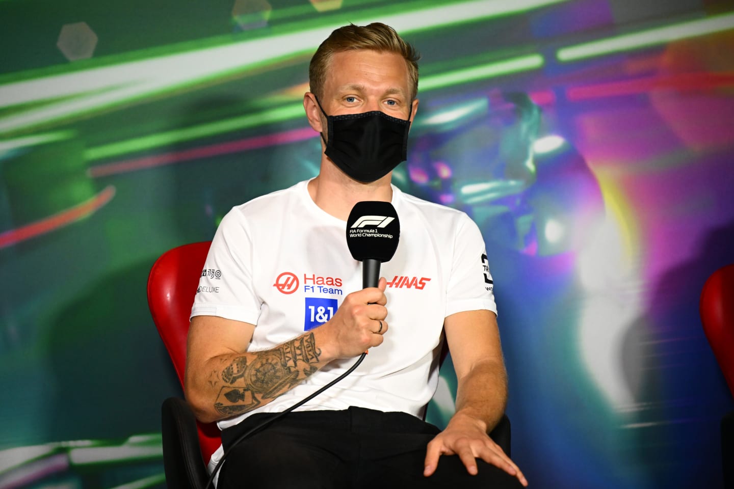 JEDDAH, SAUDI ARABIA - MARCH 25: Kevin Magnussen of Denmark and Haas F1 talks in the Drivers Press Conference before practice ahead of the F1 Grand Prix of Saudi Arabia at the Jeddah Corniche Circuit on March 25, 2022 in Jeddah, Saudi Arabia. (Photo by Clive Mason/Getty Images)