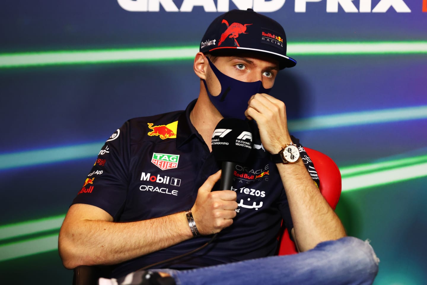 JEDDAH, SAUDI ARABIA - MARCH 25: Max Verstappen of the Netherlands and Oracle Red Bull Racing talks in the Drivers Press Conference before practice ahead of the F1 Grand Prix of Saudi Arabia at the Jeddah Corniche Circuit on March 25, 2022 in Jeddah, Saudi Arabia. (Photo by Dan Istitene - Formula 1/Formula 1 via Getty Images)