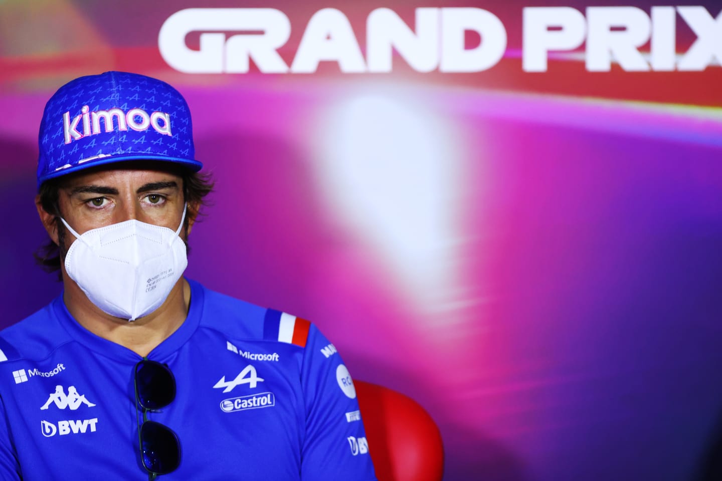 JEDDAH, SAUDI ARABIA - MARCH 25: Fernando Alonso of Spain and Alpine F1 looks on in the Drivers Press Conference before practice ahead of the F1 Grand Prix of Saudi Arabia at the Jeddah Corniche Circuit on March 25, 2022 in Jeddah, Saudi Arabia. (Photo by Dan Istitene - Formula 1/Formula 1 via Getty Images)