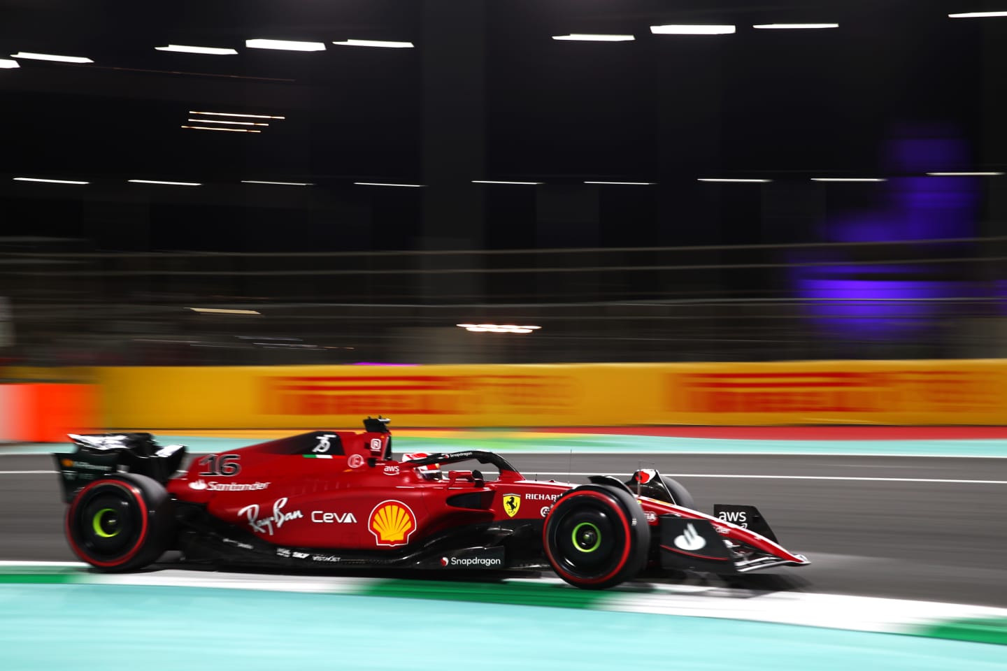 JEDDAH, SAUDI ARABIA - MARCH 25: Charles Leclerc of Monaco driving (16) the Ferrari F1-75 on track