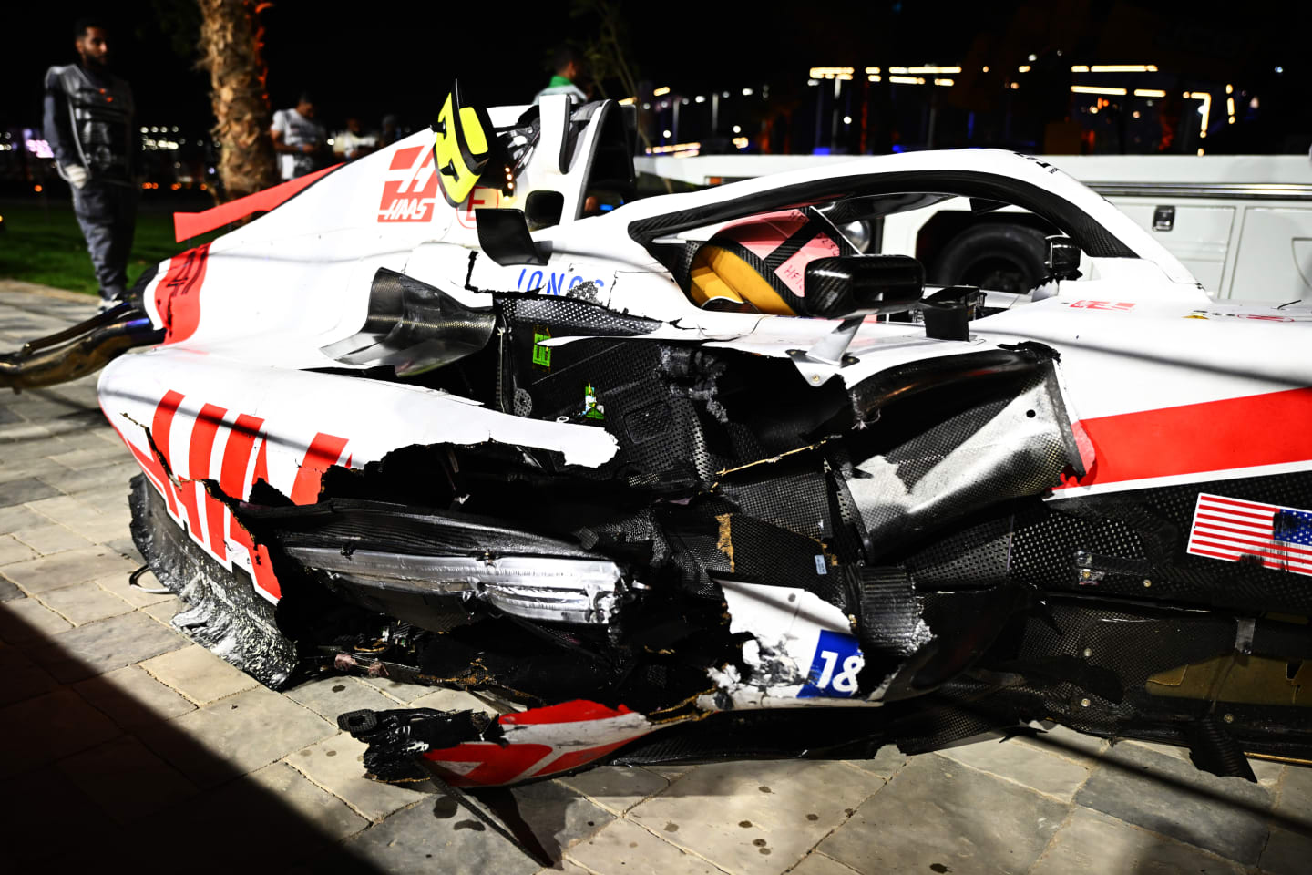 JEDDAH, SAUDI ARABIA - MARCH 26: The wrecked car of Mick Schumacher of Germany and Haas F1 is pictured at the side of the track after a crash during qualifying ahead of the F1 Grand Prix of Saudi Arabia at the Jeddah Corniche Circuit on March 26, 2022 in Jeddah, Saudi Arabia. (Photo by Clive Mason/Getty Images)