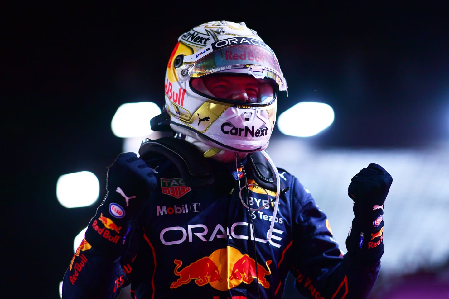JEDDAH, SAUDI ARABIA - MARCH 27: Race winner Max Verstappen of the Netherlands and Oracle Red Bull Racing celebrates in parc ferme during the F1 Grand Prix of Saudi Arabia at the Jeddah Corniche Circuit on March 27, 2022 in Jeddah, Saudi Arabia. (Photo by Mario Renzi - Formula 1/Formula 1 via Getty Images)