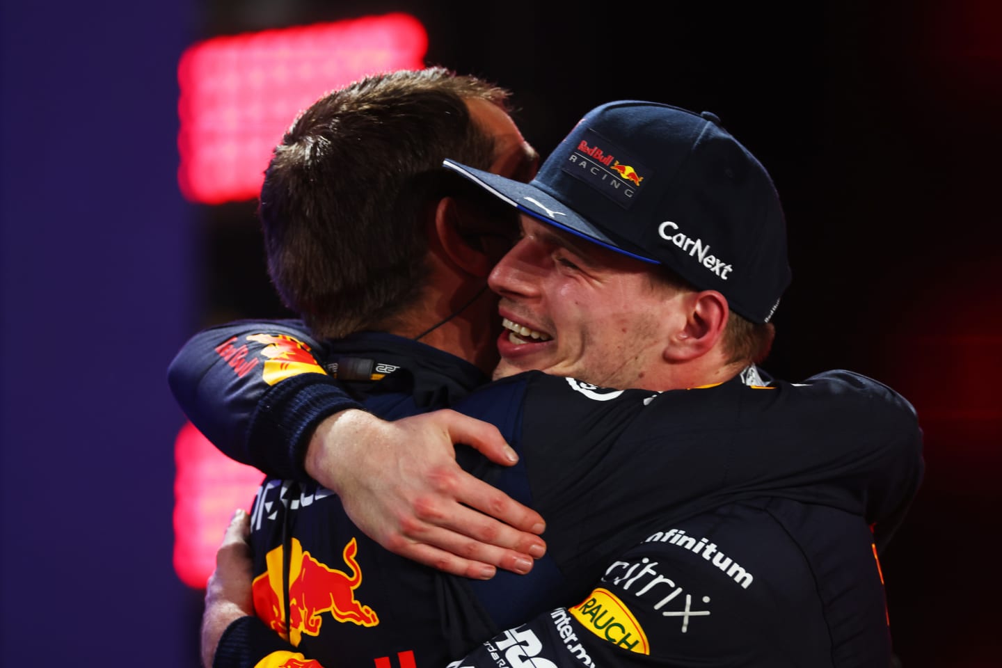 JEDDAH, SAUDI ARABIA - MARCH 27: Race winner Max Verstappen of the Netherlands and Oracle Red Bull Racing celebrates in parc ferme during the F1 Grand Prix of Saudi Arabia at the Jeddah Corniche Circuit on March 27, 2022 in Jeddah, Saudi Arabia. (Photo by Lars Baron/Getty Images)