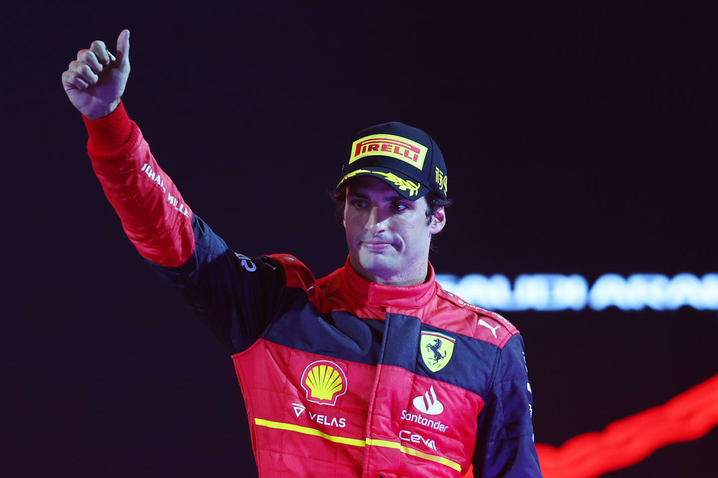 JEDDAH, SAUDI ARABIA - MARCH 27: Third placed Carlos Sainz of Spain and Ferrari celebrates on the