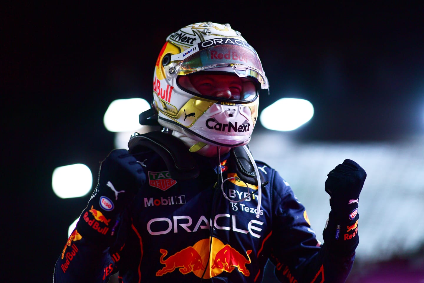 JEDDAH, SAUDI ARABIA - MARCH 27: Race winner Max Verstappen of the Netherlands and Oracle Red Bull Racing celebrates in parc ferme during the F1 Grand Prix of Saudi Arabia at the Jeddah Corniche Circuit on March 27, 2022 in Jeddah, Saudi Arabia. (Photo by Mario Renzi - Formula 1/Formula 1 via Getty Images)