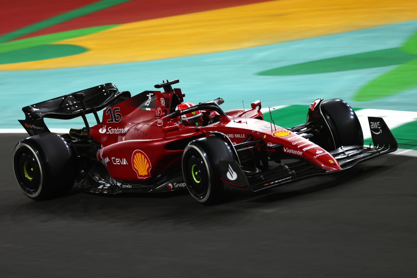 JEDDAH, SAUDI ARABIA - MARCH 27: Charles Leclerc of Monaco driving (16) the Ferrari F1-75 on track