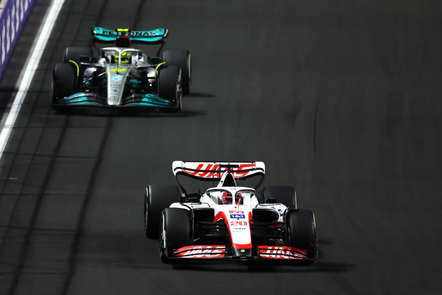 JEDDAH, SAUDI ARABIA - MARCH 27: Kevin Magnussen of Denmark driving the (20) Haas F1 VF-22 Ferrari