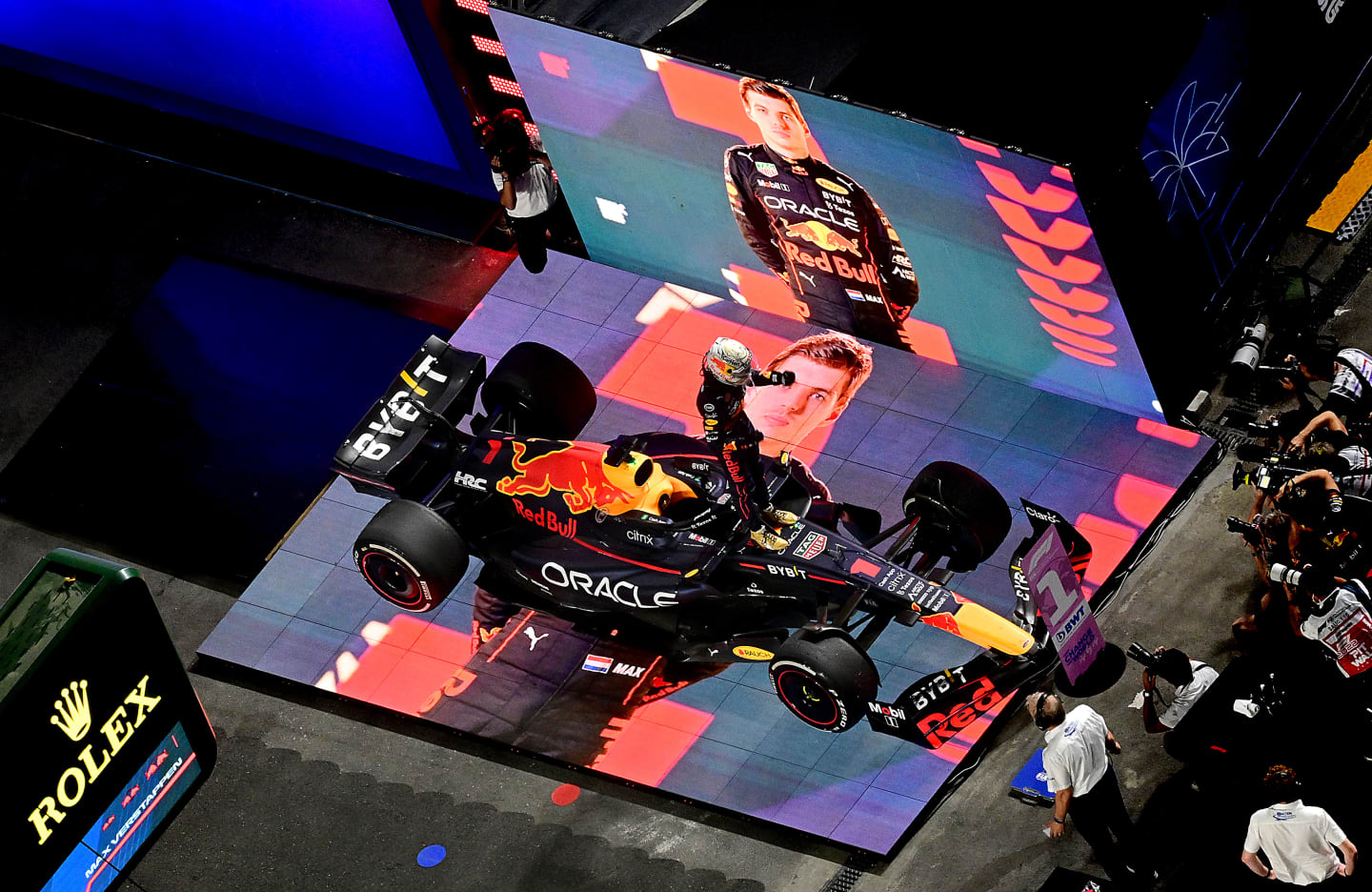 JEDDAH, SAUDI ARABIA - MARCH 27: Race winner Max Verstappen of the Netherlands and Oracle Red Bull