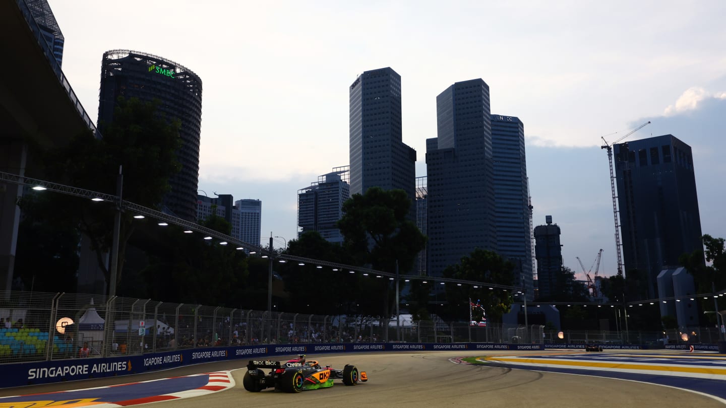 SINGAPORE, SINGAPORE - SEPTEMBER 30: Lando Norris of Great Britain driving the (4) McLaren MCL36 Mercedes on track during practice ahead of the F1 Grand Prix of Singapore at Marina Bay Street Circuit on September 30, 2022 in Singapore, Singapore. (Photo by Bryn Lennon - Formula 1/Formula 1 via Getty Images)
