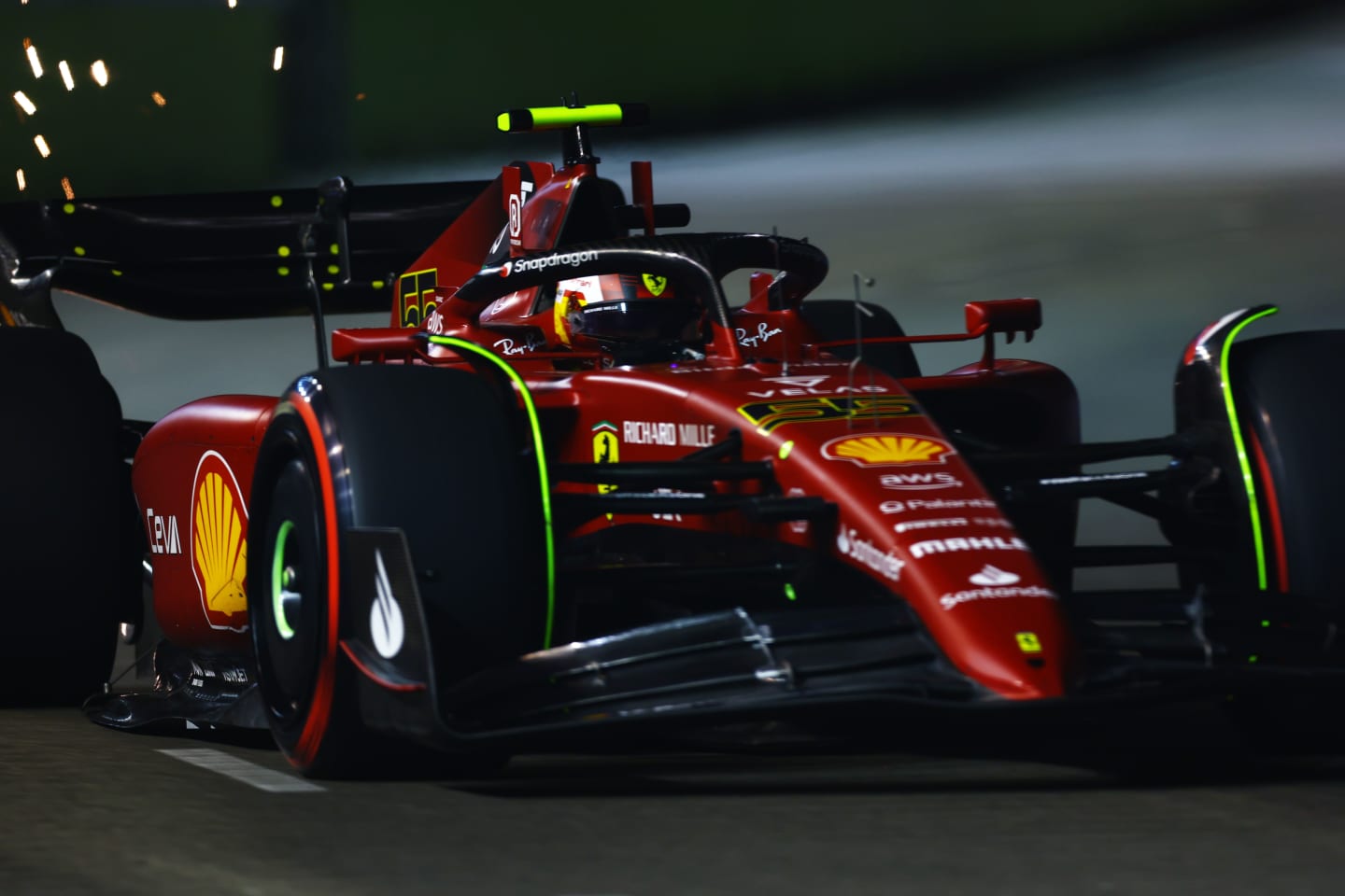 SINGAPORE, SINGAPORE - SEPTEMBER 30: Carlos Sainz of Spain driving (55) the Ferrari F1-75 on track during practice ahead of the F1 Grand Prix of Singapore at Marina Bay Street Circuit on September 30, 2022 in Singapore, Singapore. (Photo by Mark Thompson/Getty Images,)
