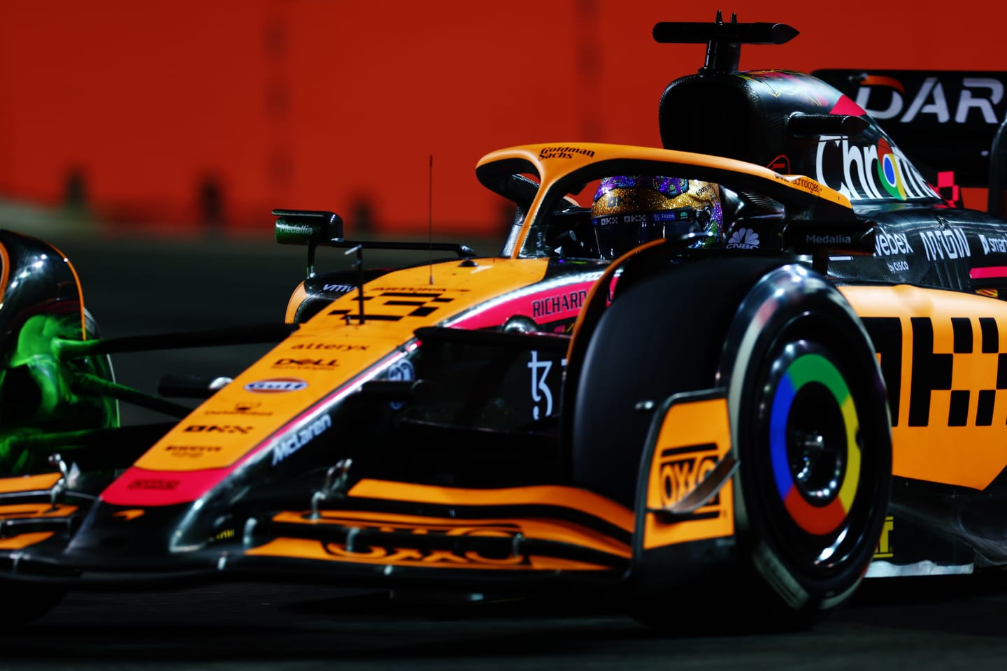 SINGAPORE, SINGAPORE - SEPTEMBER 30: Daniel Ricciardo of Australia driving the (3) McLaren MCL36 Mercedes on track during practice ahead of the F1 Grand Prix of Singapore at Marina Bay Street Circuit on September 30, 2022 in Singapore, Singapore. (Photo by Mark Thompson/Getty Images,)