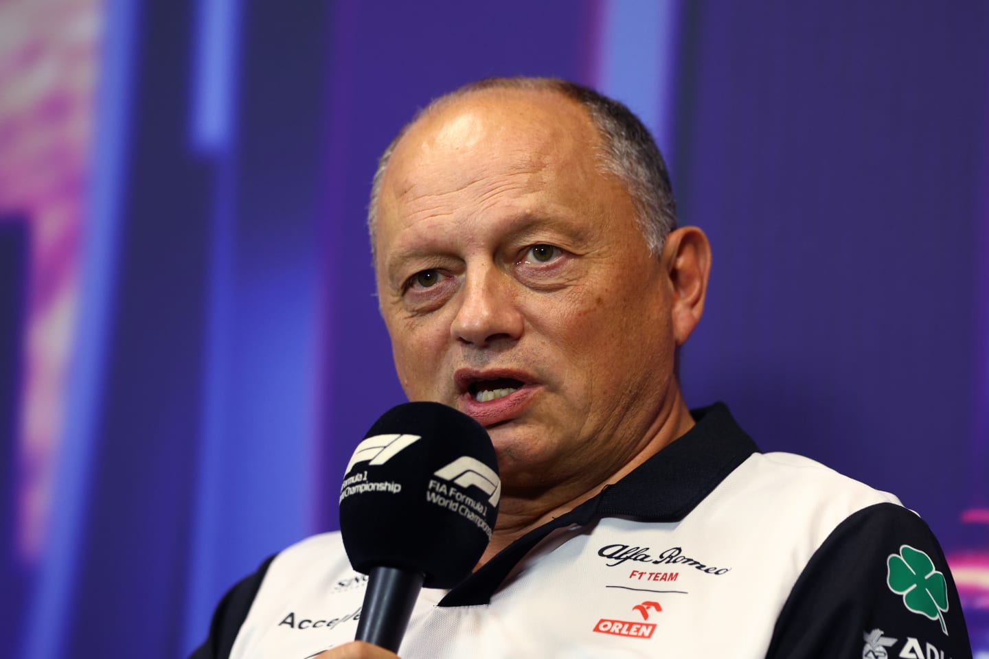 SINGAPORE, SINGAPORE - OCTOBER 01: Alfa Romeo Racing Team Principal Frederic Vasseur talks in the team principal's press conference before final practice ahead of the F1 Grand Prix of Singapore at Marina Bay Street Circuit on October 01, 2022 in Singapore, Singapore. (Photo by Clive Rose/Getty Images,)