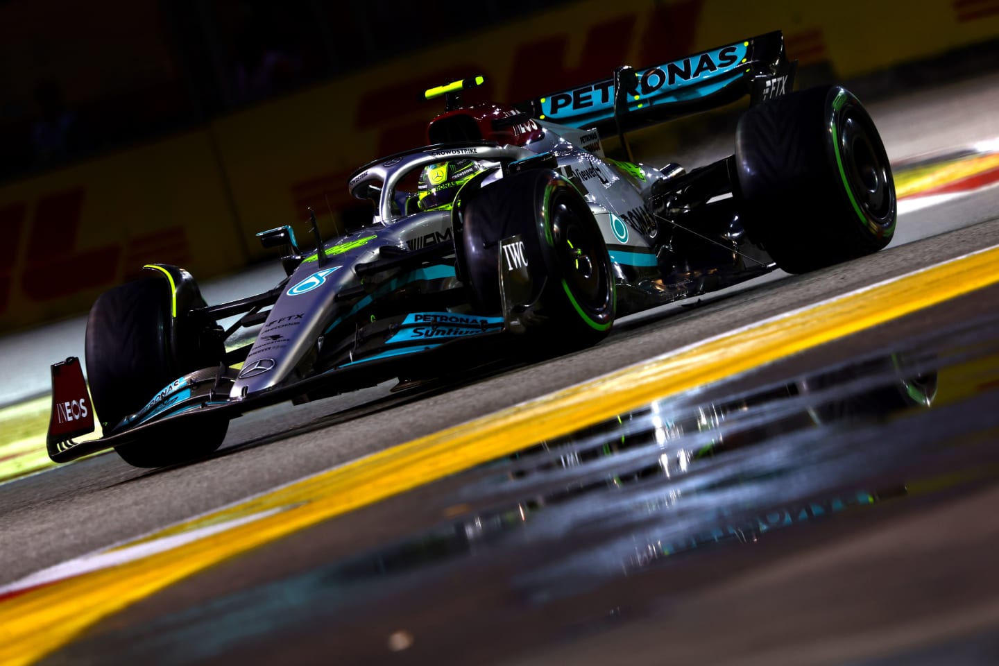 SINGAPORE, SINGAPORE - OCTOBER 01: Lewis Hamilton of Great Britain driving the (44) Mercedes AMG Petronas F1 Team W13 on track during final practice ahead of the F1 Grand Prix of Singapore at Marina Bay Street Circuit on October 01, 2022 in Singapore, Singapore. (Photo by Mark Thompson/Getty Images,)