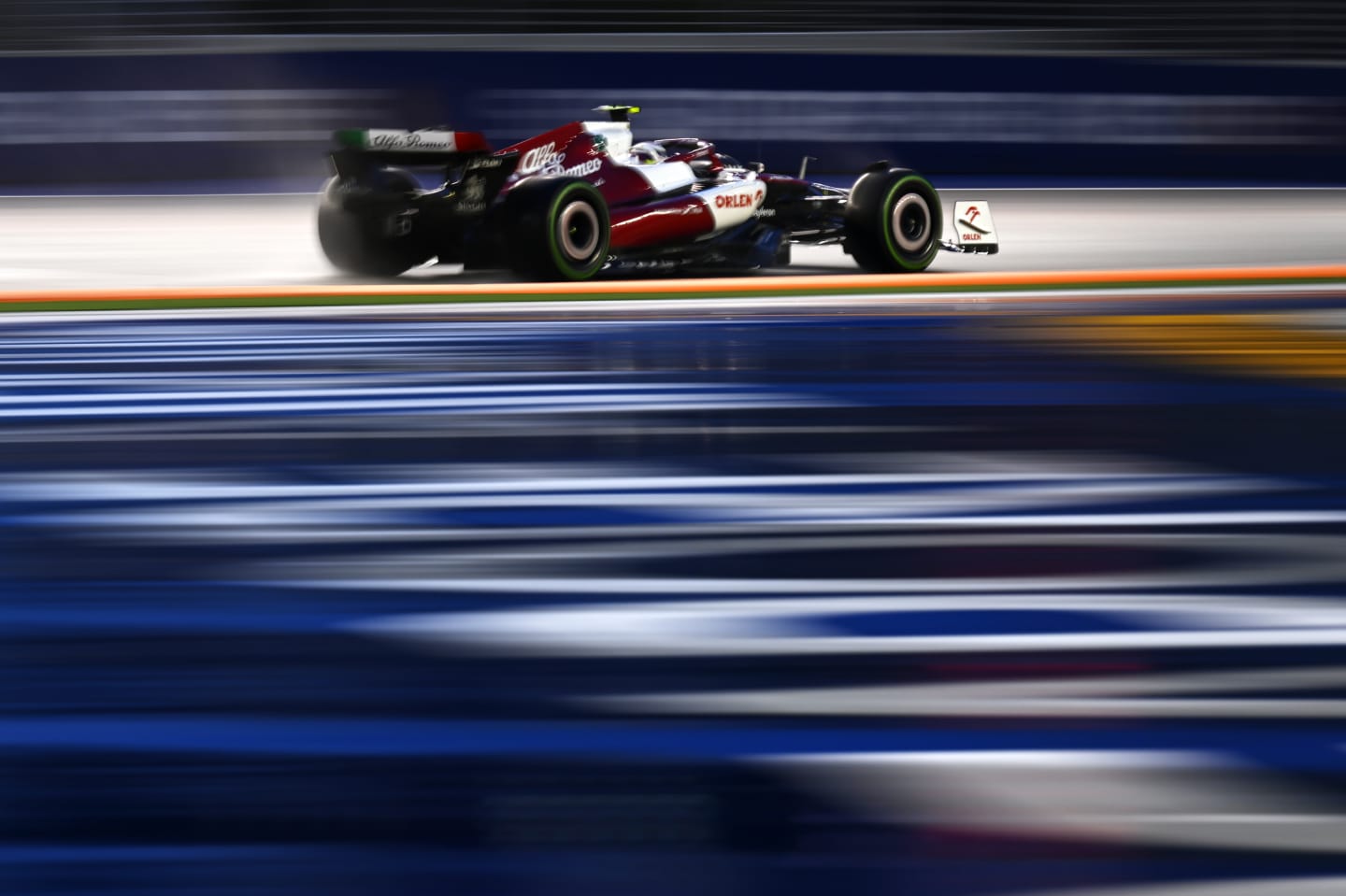 SINGAPORE, SINGAPORE - OCTOBER 01: Zhou Guanyu of China driving the (24) Alfa Romeo F1 C42 Ferrari on track during final practice ahead of the F1 Grand Prix of Singapore at Marina Bay Street Circuit on October 01, 2022 in Singapore, Singapore. (Photo by Clive Mason/Getty Images)