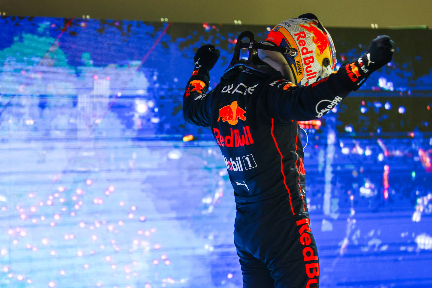 SINGAPORE, SINGAPORE - OCTOBER 02: Race winner Sergio Perez of Mexico and Oracle Red Bull Racing