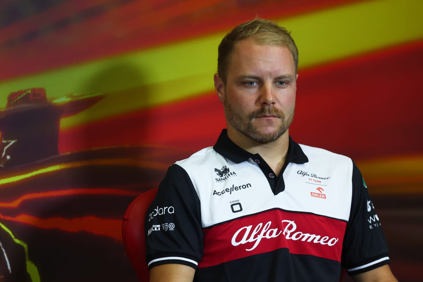 BARCELONA, SPAIN - MAY 20: Valtteri Bottas of Finland and Alfa Romeo F1 looks on in the Drivers Press Conference prior to practice ahead of the F1 Grand Prix of Spain at Circuit de Barcelona-Catalunya on May 20, 2022 in Barcelona, Spain. (Photo by Lars Baron/Getty Images)