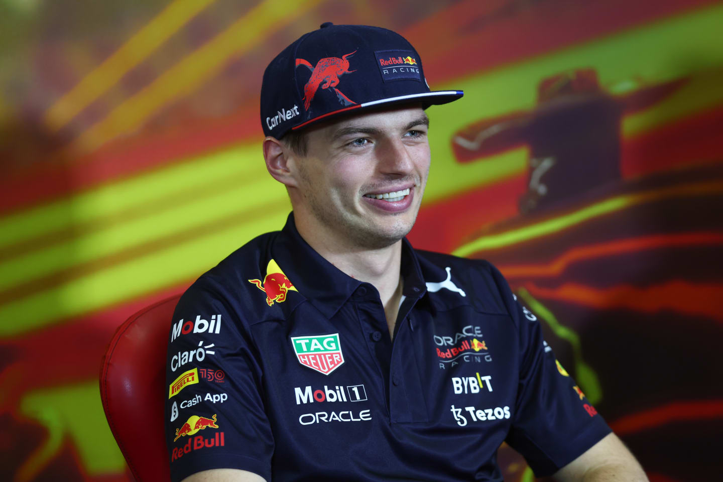 BARCELONA, SPAIN - MAY 20: Max Verstappen of the Netherlands and Oracle Red Bull Racing looks on in the Drivers Press Conference prior to practice ahead of the F1 Grand Prix of Spain at Circuit de Barcelona-Catalunya on May 20, 2022 in Barcelona, Spain. (Photo by Lars Baron/Getty Images)