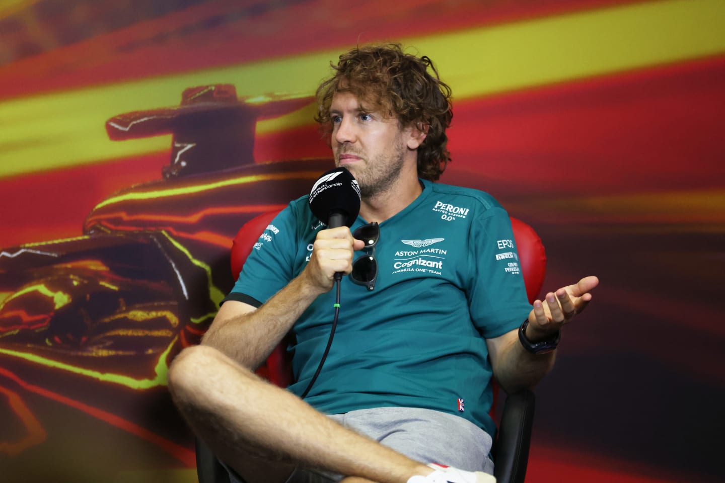 BARCELONA, SPAIN - MAY 20: Sebastian Vettel of Germany and Aston Martin F1 Team talks in the Drivers Press Conference prior to practice ahead of the F1 Grand Prix of Spain at Circuit de Barcelona-Catalunya on May 20, 2022 in Barcelona, Spain. (Photo by Bryn Lennon/Getty Images)