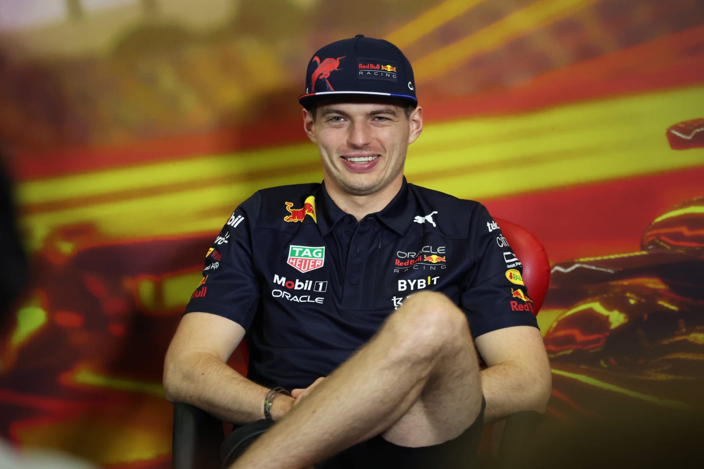 BARCELONA, SPAIN - MAY 20: Max Verstappen of the Netherlands and Oracle Red Bull Racing looks on in the Drivers Press Conference prior to practice ahead of the F1 Grand Prix of Spain at Circuit de Barcelona-Catalunya on May 20, 2022 in Barcelona, Spain. (Photo by Bryn Lennon/Getty Images)