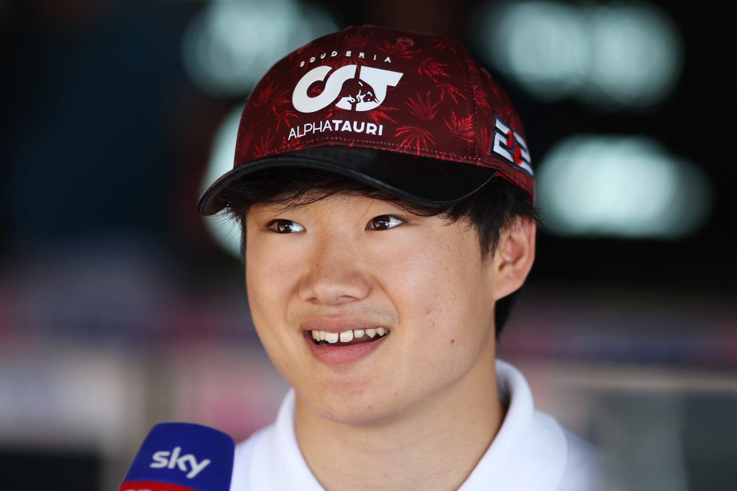 BARCELONA, SPAIN - MAY 20: Yuki Tsunoda of Japan and Scuderia AlphaTauri talks to the media in the