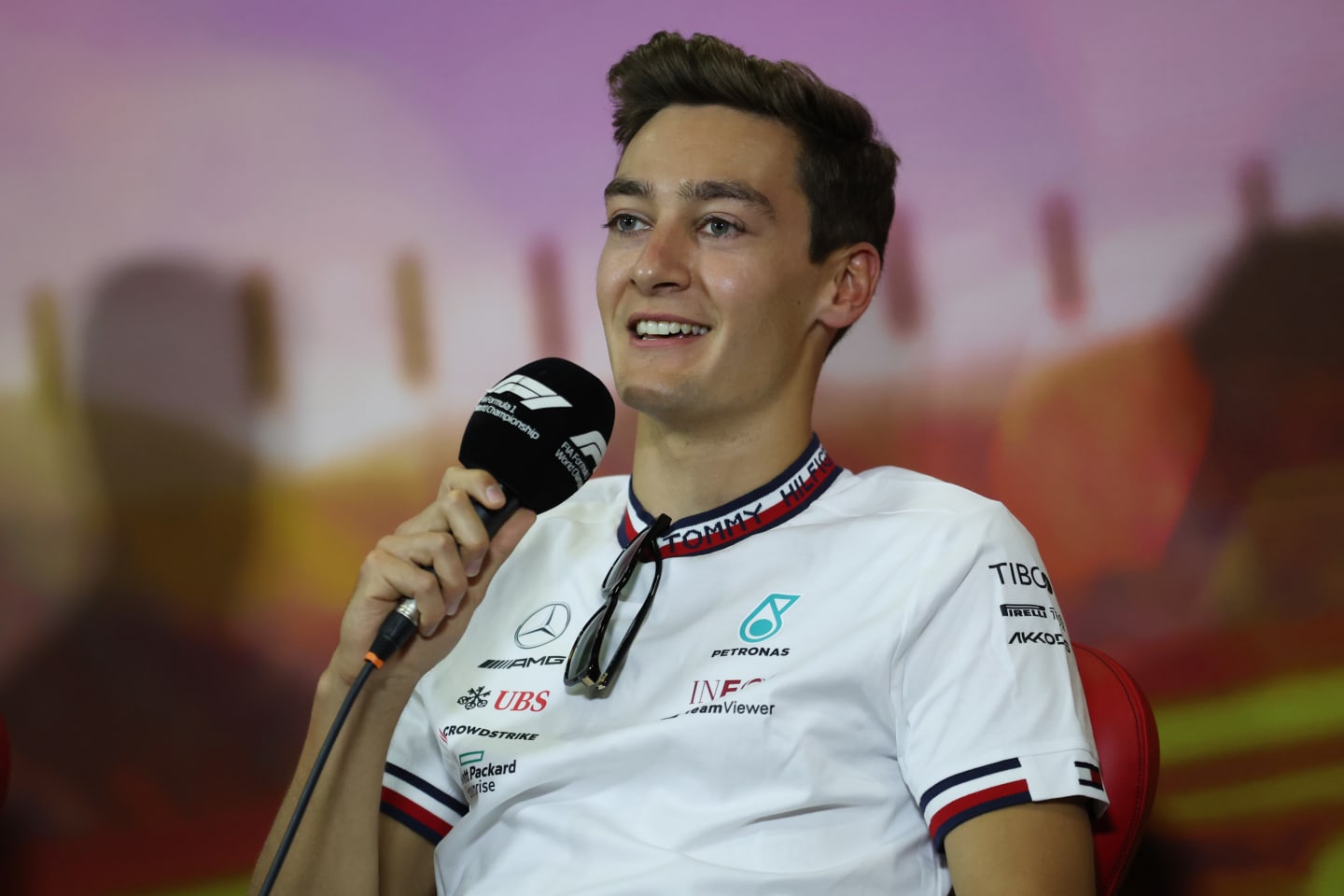 BARCELONA, SPAIN - MAY 20: George Russell of Great Britain and Mercedes talks in the Drivers Press Conference prior to practice ahead of the F1 Grand Prix of Spain at Circuit de Barcelona-Catalunya on May 20, 2022 in Barcelona, Spain. (Photo by Bryn Lennon/Getty Images)