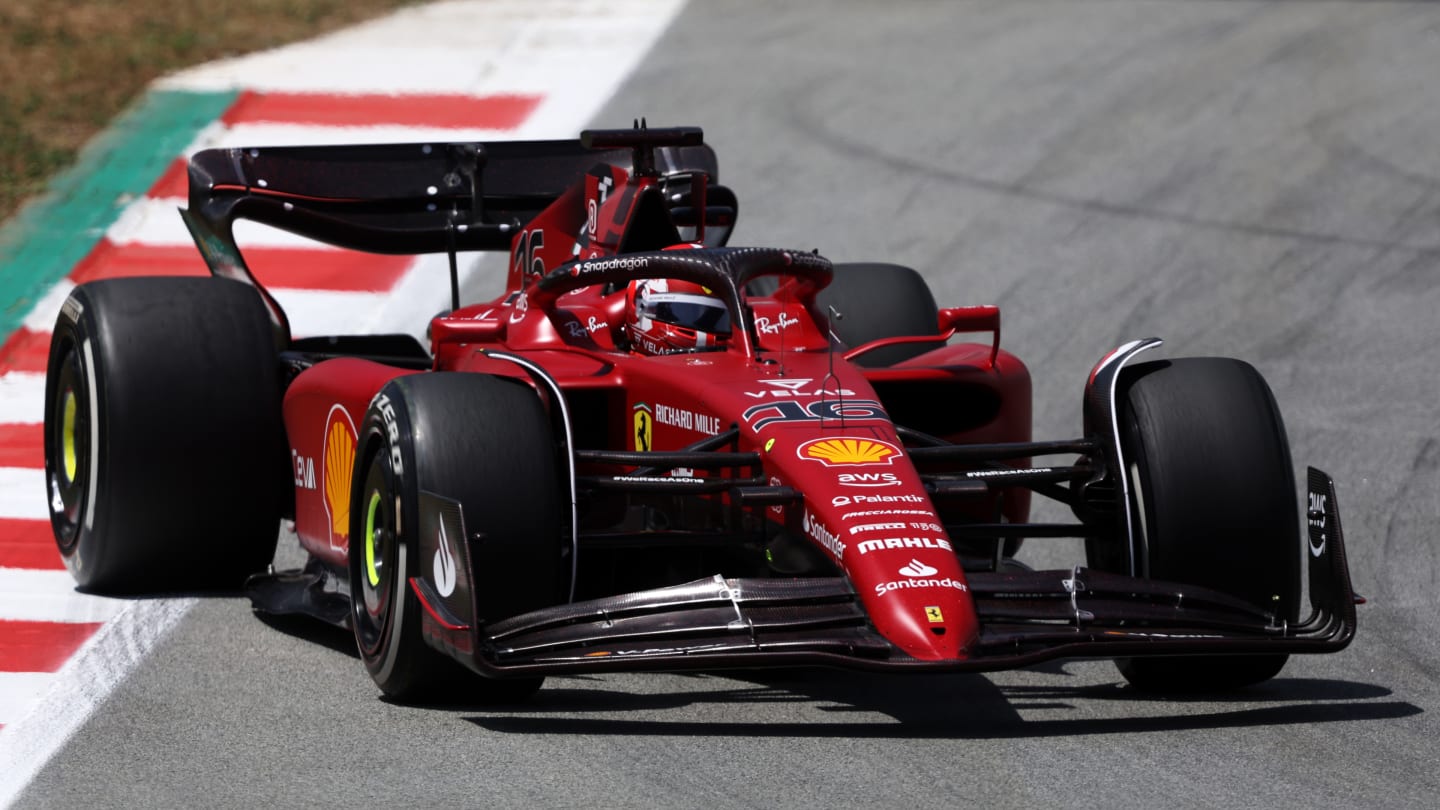 BARCELONA, SPAIN - MAY 20: Charles Leclerc of Monaco driving the (16) Ferrari F1-75 on track 