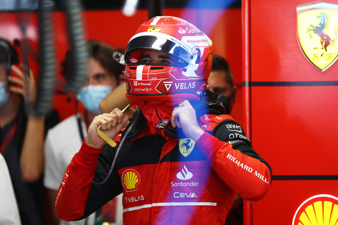 BARCELONA, SPAIN - MAY 20: Charles Leclerc of Monaco and Ferrari takes off his race helmet in the