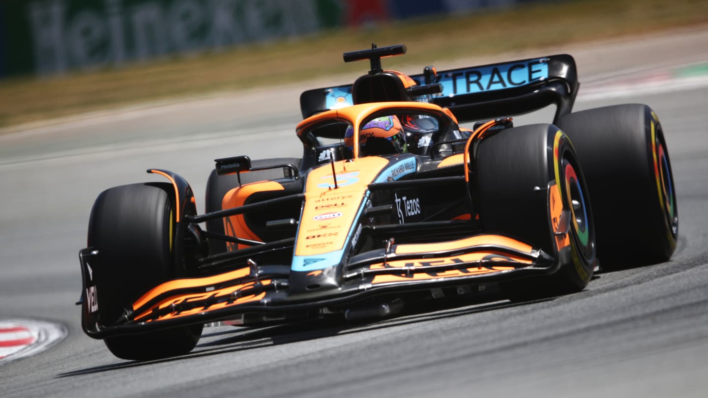 BARCELONA, SPAIN - MAY 21: Daniel Ricciardo of Australia driving the (3) McLaren MCL36 Mercedes on track during practice ahead of the F1 Grand Prix of Spain at Circuit de Barcelona-Catalunya on May 21, 2022 in Barcelona, Spain. (Photo by Joe Portlock - Formula 1/Formula 1 via Getty Images)