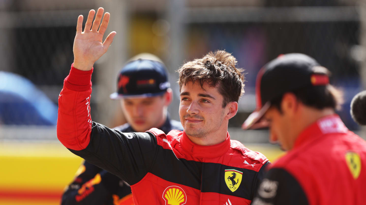 BARCELONA, SPAIN - MAY 21: Pole position qualifier Charles Leclerc of Monaco and Ferrari celebrates