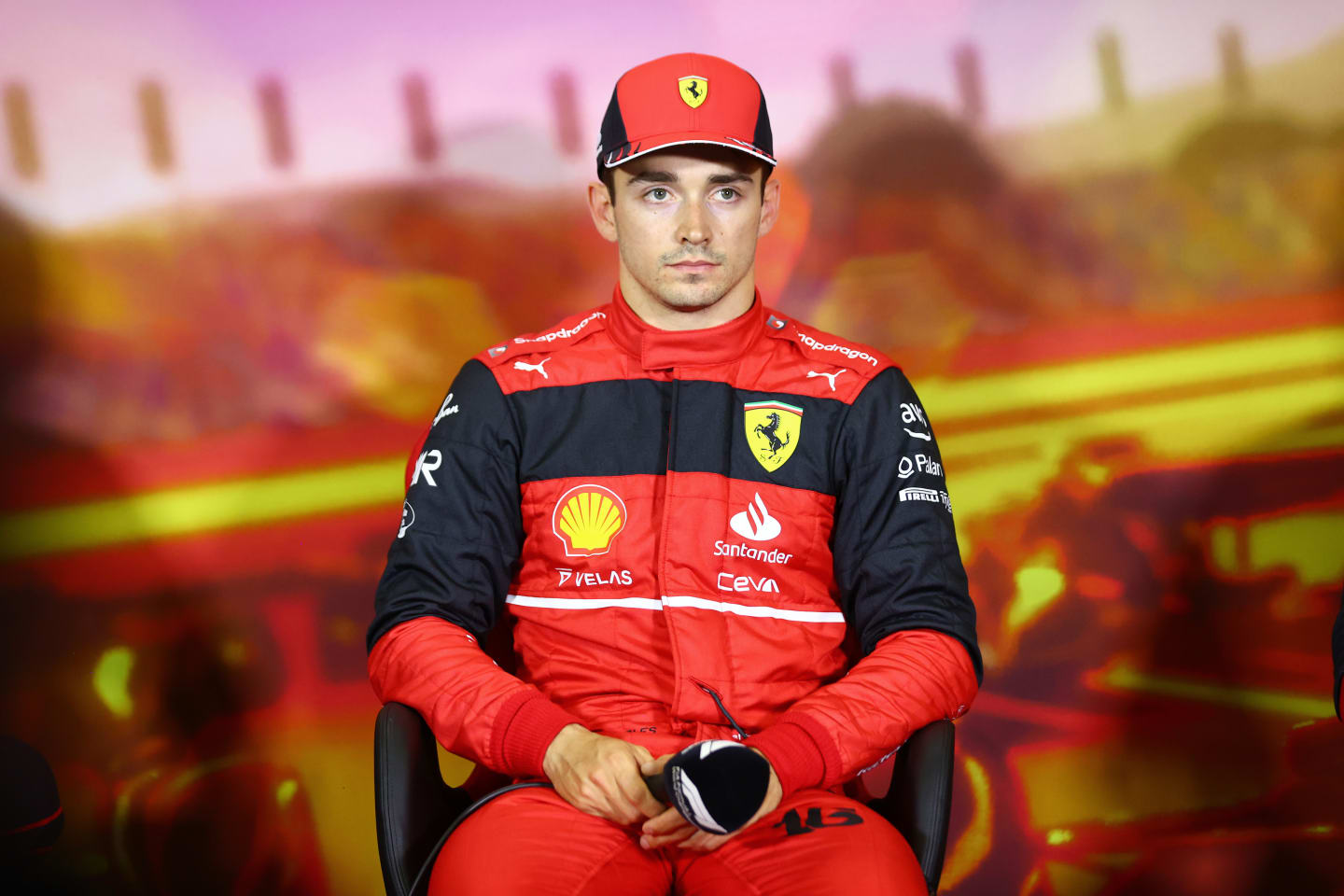 BARCELONA, SPAIN - MAY 21: Pole position qualifier Charles Leclerc of Monaco and Ferrari talks in the press conference after qualifying ahead of the F1 Grand Prix of Spain at Circuit de Barcelona-Catalunya on May 21, 2022 in Barcelona, Spain. (Photo by Dan Istitene - Formula 1/Formula 1 via Getty Images)