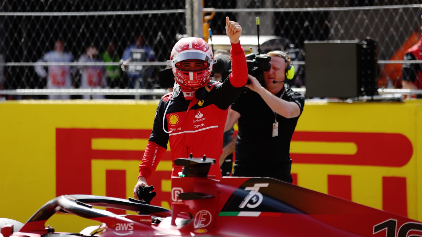 BARCELONA, SPAIN - MAY 21: Pole position qualifier Charles Leclerc of Monaco and Ferrari celebrates in parc ferme during qualifying ahead of the F1 Grand Prix of Spain at Circuit de Barcelona-Catalunya on May 21, 2022 in Barcelona, Spain. (Photo by Bryn Lennon - Formula 1/Formula 1 via Getty Images)