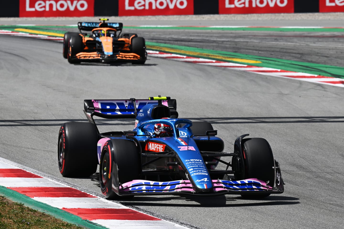 BARCELONA, SPAIN - MAY 22: Esteban Ocon of France driving the (31) Alpine F1 A522 Renault leads