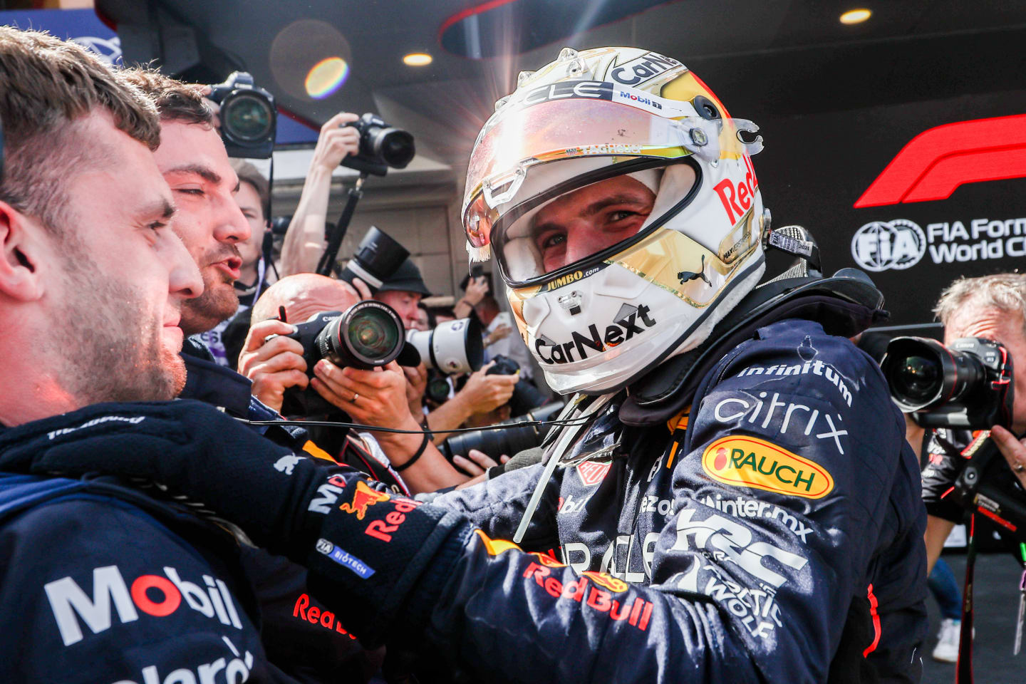 BARCELONA, SPAIN - MAY 22: Max Verstappen of Red Bull Racing and The Netherlands celebrates finishing in first position during the F1 Grand Prix of Spain at Circuit de Barcelona-Catalunya on May 22, 2022 in Barcelona, Spain. (Photo by Peter Fox/Getty Images)