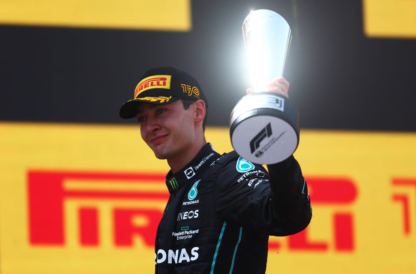 BARCELONA, SPAIN - MAY 22: Third placed George Russell of Great Britain and Mercedes celebrates on the podium during the F1 Grand Prix of Spain at Circuit de Barcelona-Catalunya on May 22, 2022 in Barcelona, Spain. (Photo by Alex Pantling - Formula 1/Formula 1 via Getty Images)