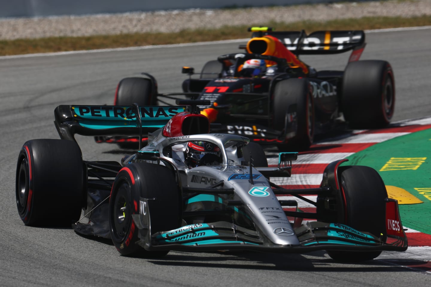 BARCELONA, SPAIN - MAY 22: George Russell of Great Britain driving the (63) Mercedes AMG Petronas