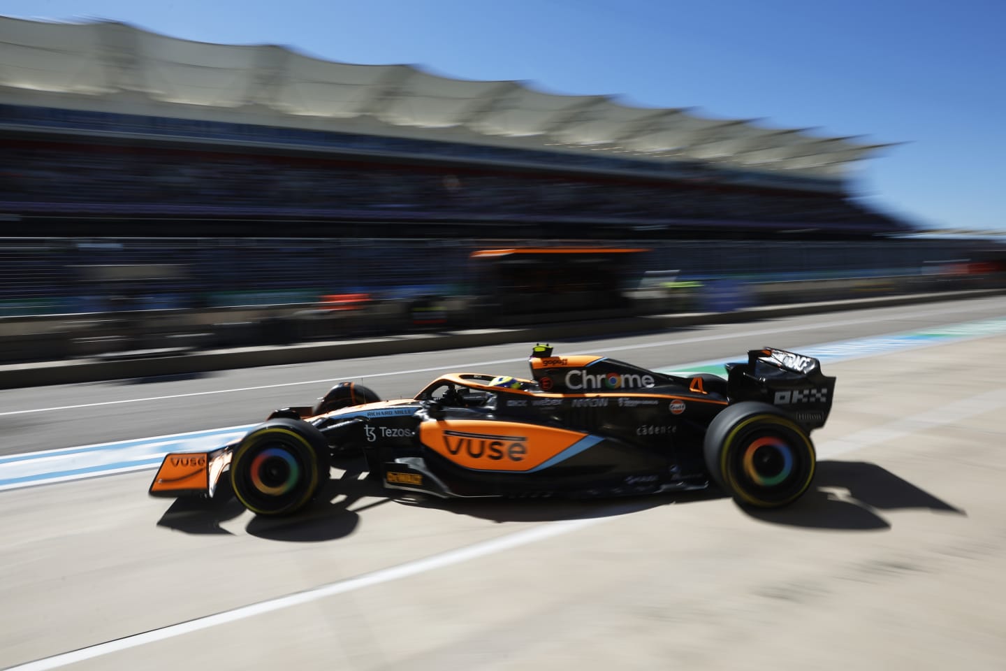 AUSTIN, TEXAS - OCTOBER 21: Lando Norris of Great Britain driving the (4) McLaren MCL36 Mercedes in the Pitlane during practice ahead of the F1 Grand Prix of USA at Circuit of The Americas on October 21, 2022 in Austin, Texas. (Photo by Chris Graythen/Getty Images)