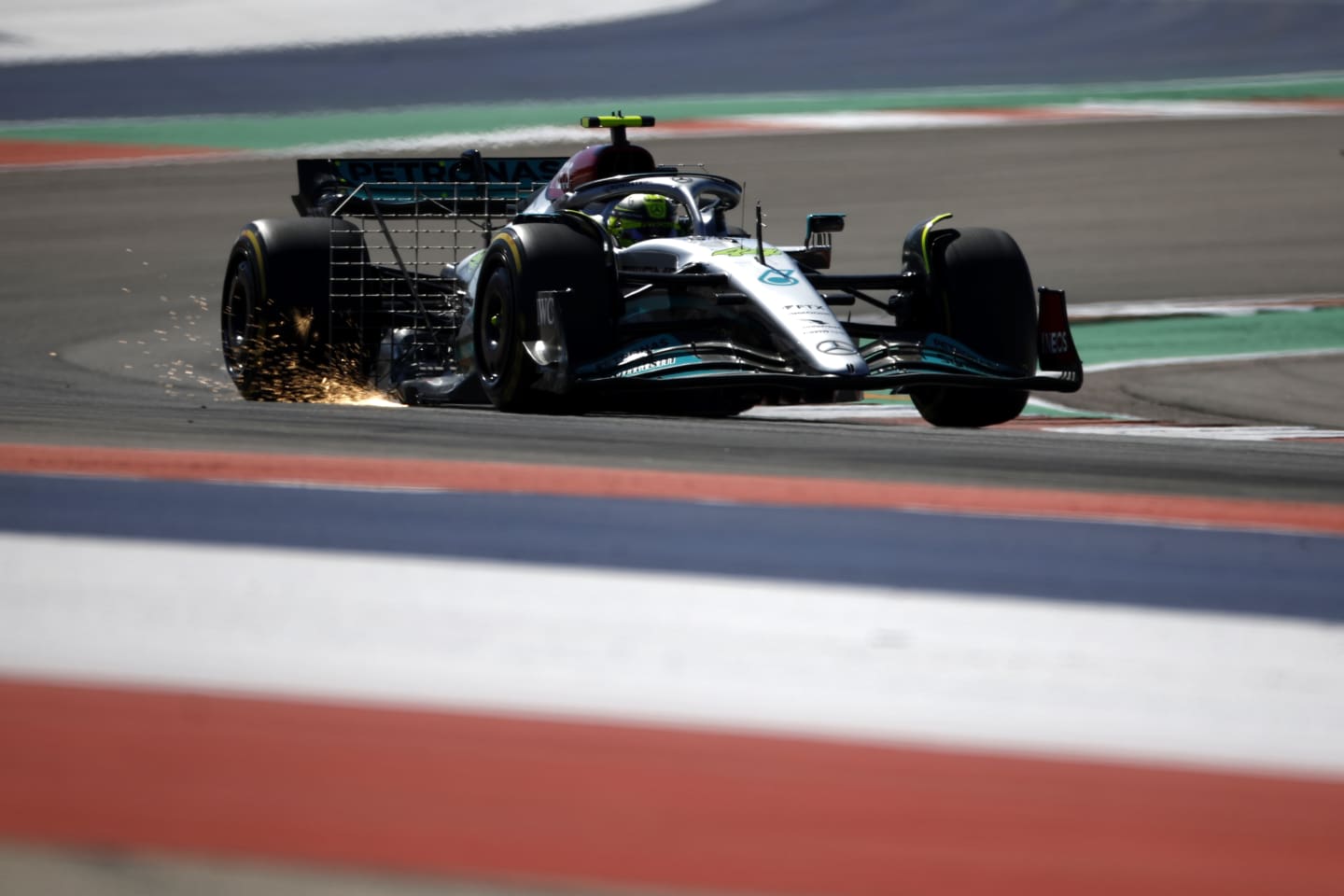 AUSTIN, TEXAS - OCTOBER 21: Lewis Hamilton of Great Britain driving the (44) Mercedes AMG Petronas F1 Team W13 on track during practice ahead of the F1 Grand Prix of USA at Circuit of The Americas on October 21, 2022 in Austin, Texas. (Photo by Jared C. Tilton/Getty Images)