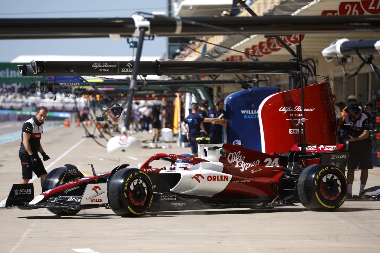 AUSTIN, TEXAS - OCTOBER 21: Zhou Guanyu of China driving the (24) Alfa Romeo F1 C42 Ferrari in the Pitlane during practice ahead of the F1 Grand Prix of USA at Circuit of The Americas on October 21, 2022 in Austin, Texas. (Photo by Chris Graythen/Getty Images)