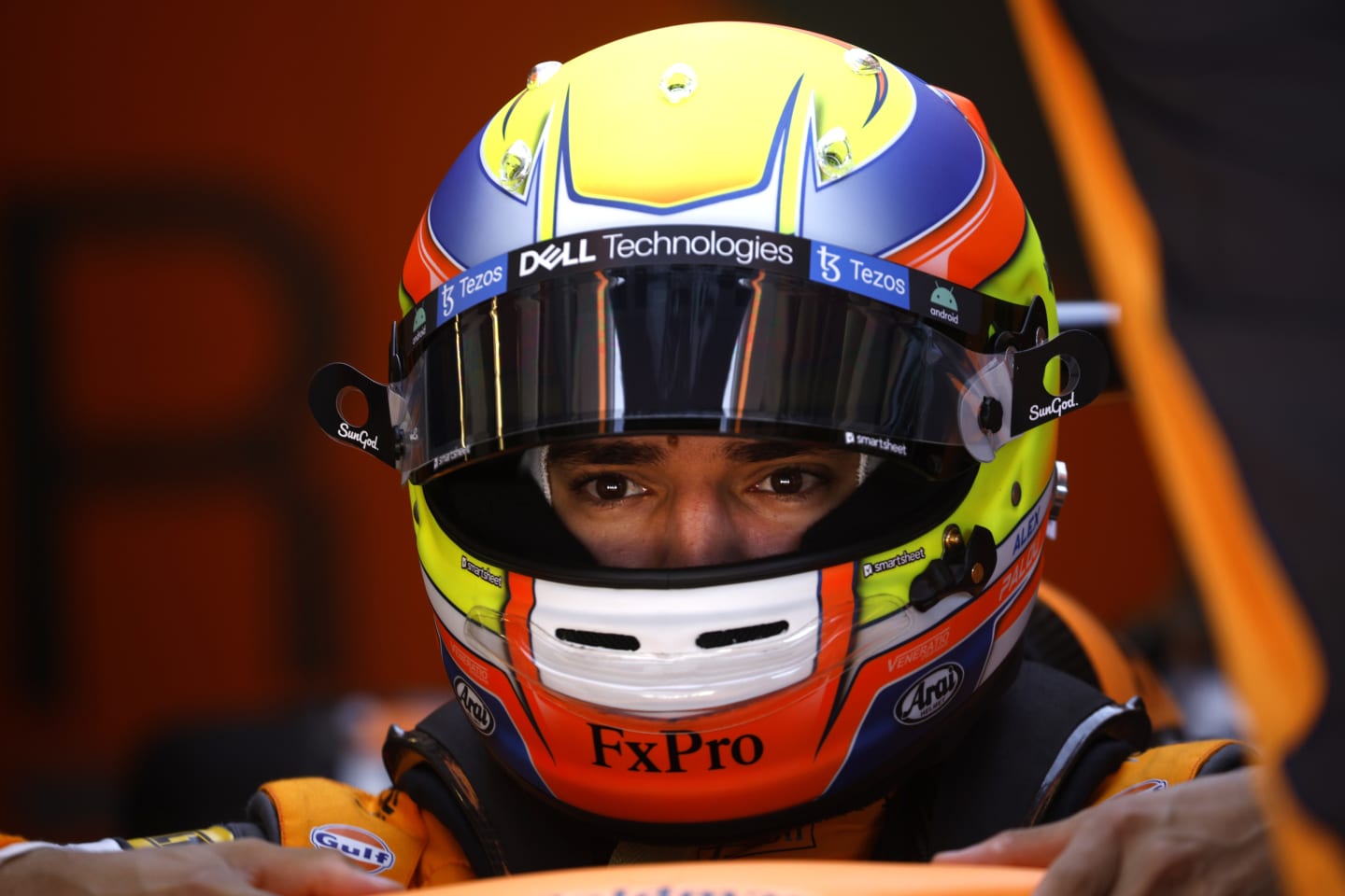 AUSTIN, TEXAS - OCTOBER 21: Alex Palou of Spain and McLaren prepares to drive in the garage during practice ahead of the F1 Grand Prix of USA at Circuit of The Americas on October 21, 2022 in Austin, Texas. (Photo by Chris Graythen/Getty Images)