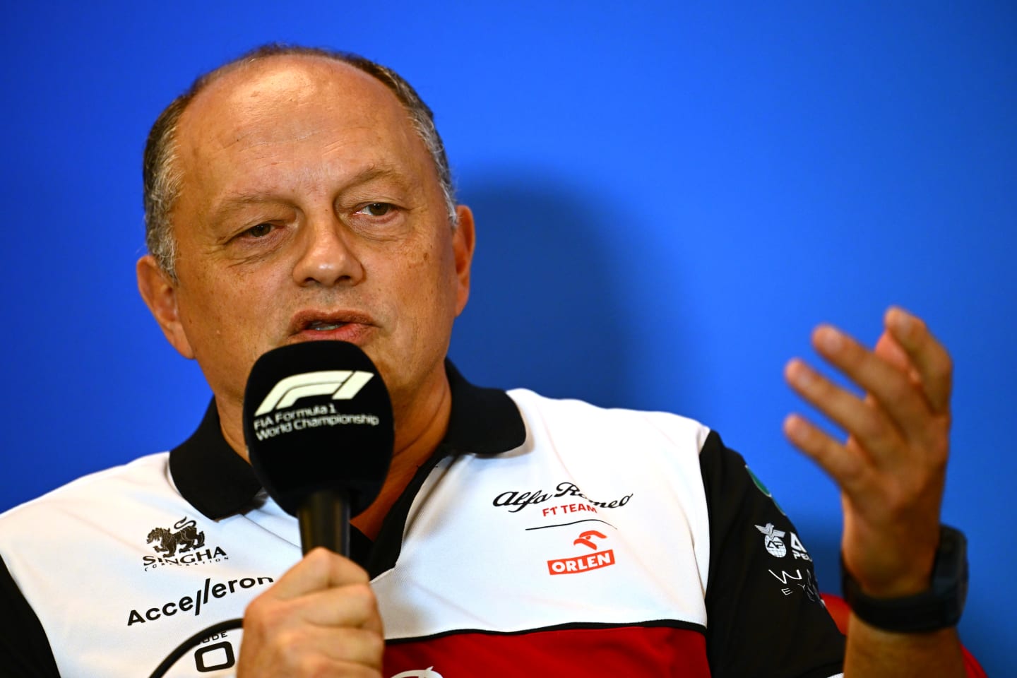 AUSTIN, TEXAS - OCTOBER 22: Alfa Romeo Racing Team Principal Frederic Vasseur attends the Team Principals Press Conference prior to final practice ahead of the F1 Grand Prix of USA at Circuit of The Americas on October 22, 2022 in Austin, Texas. (Photo by Clive Mason/Getty Images)