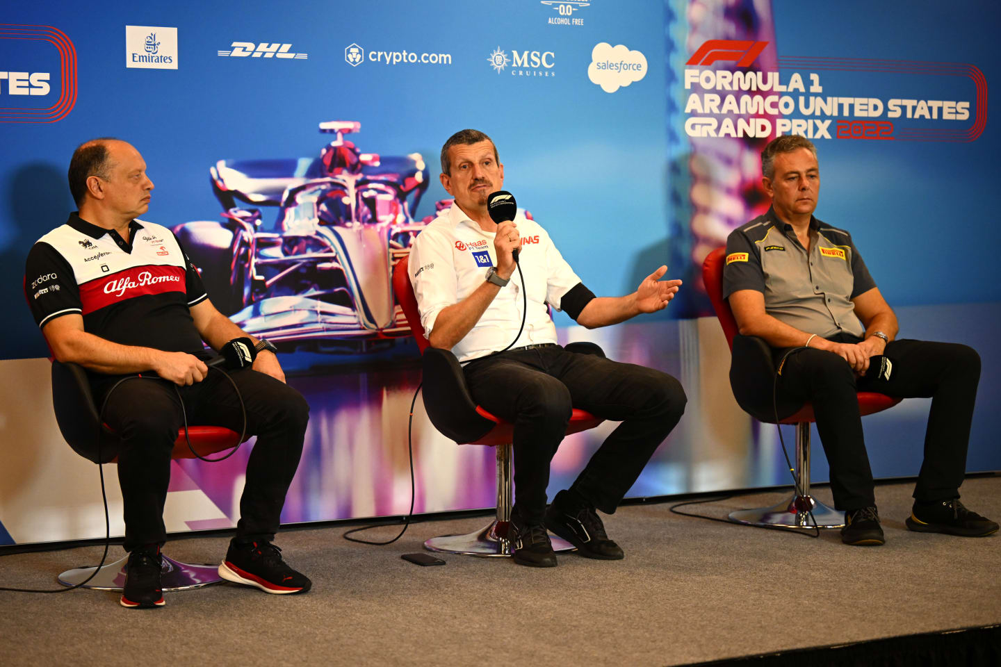 AUSTIN, TEXAS - OCTOBER 22: (L-R) Alfa Romeo Racing Team Principal Frederic Vasseur, Haas F1 Team Principal Guenther Steiner and Director of Pirelli F1 Mario Isola attend the Team Principals Press Conference prior to final practice ahead of the F1 Grand Prix of USA at Circuit of The Americas on October 22, 2022 in Austin, Texas. (Photo by Clive Mason/Getty Images)