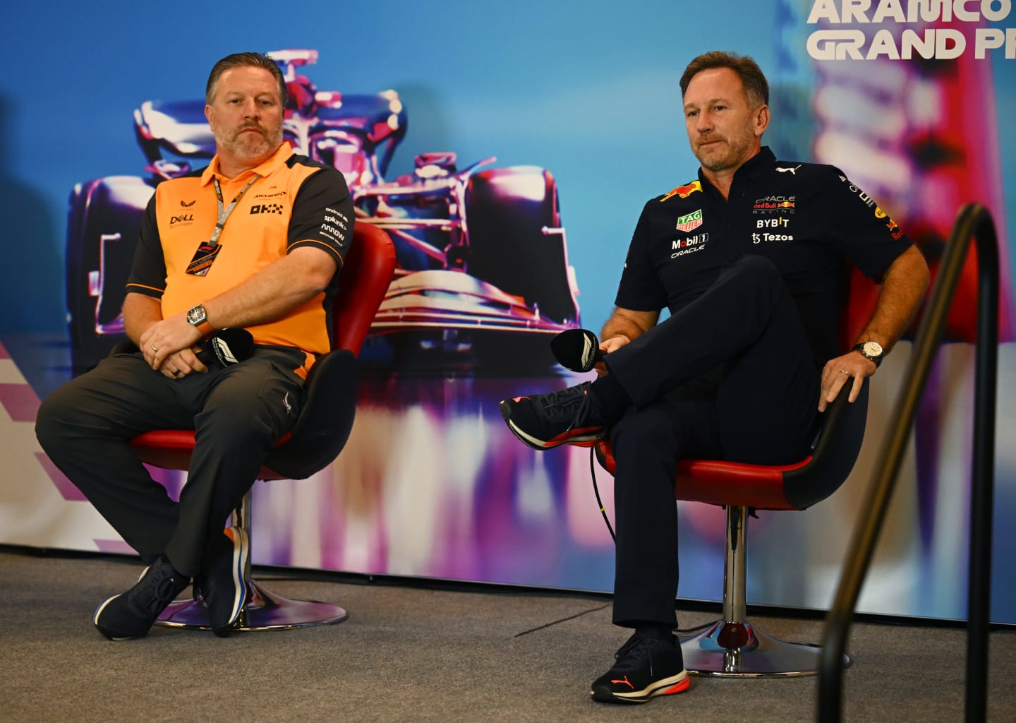 AUSTIN, TEXAS - OCTOBER 22: Red Bull Racing Team Principal Christian Horner and McLaren Chief Executive Officer Zak Brown attend the Team Principals Press Conference prior to final practice ahead of the F1 Grand Prix of USA at Circuit of The Americas on October 22, 2022 in Austin, Texas. (Photo by Clive Mason/Getty Images)